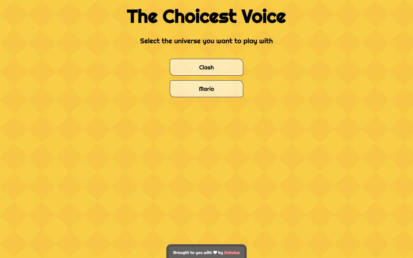 The Choicest Voice browser mini-game menu with Clash and Mario universe choices