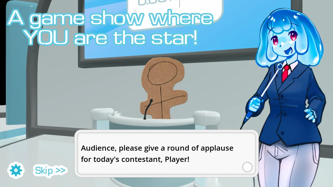 Choicer Voicer game-show host on the official stage used for party rounds